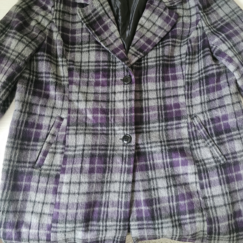 Madden Girl Plaid Coat Size 3X Gray Purple Mid Length Single Breasted Lined Soft - Picture 3 of 11